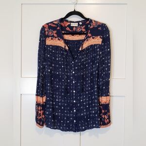 Wonderly Gauzey Button Down Shirt Floral Semi-Sheer Tassels Size XL Blue Peach